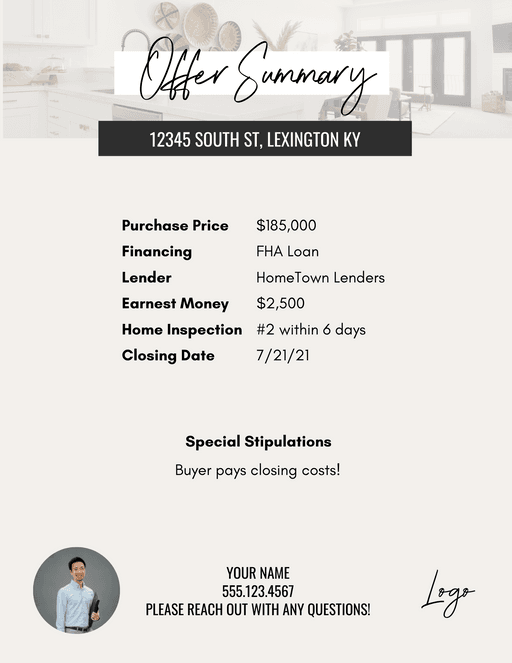 Offer Presentation, Multiple Offer Comparison Sheet | Coffee & Contracts